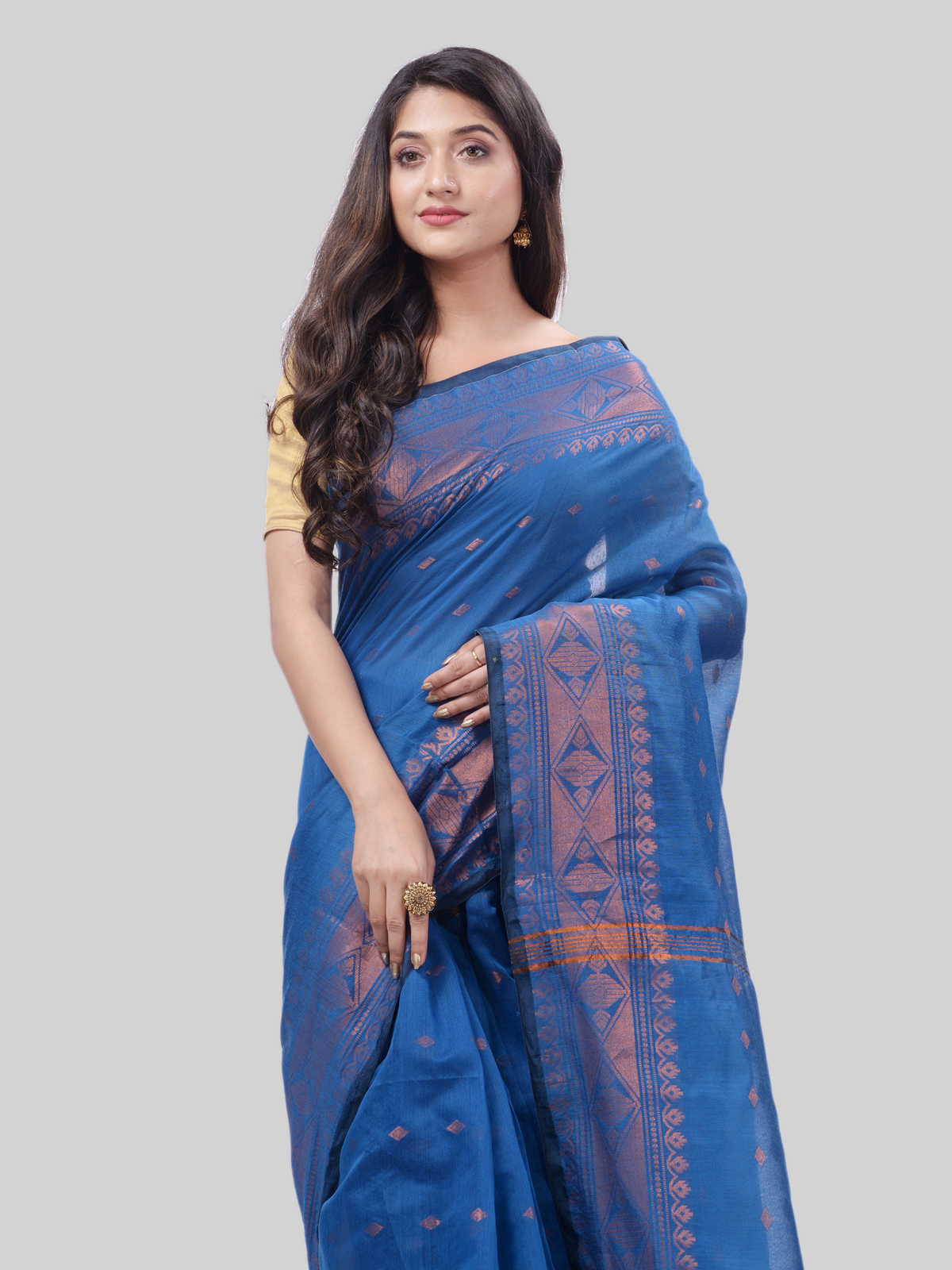 DESH BIDESH Women`s Bengal Cotton Silk Pure Handloom Cotton Saree Kohinoor Work With Blouse Piece(Light Blue)